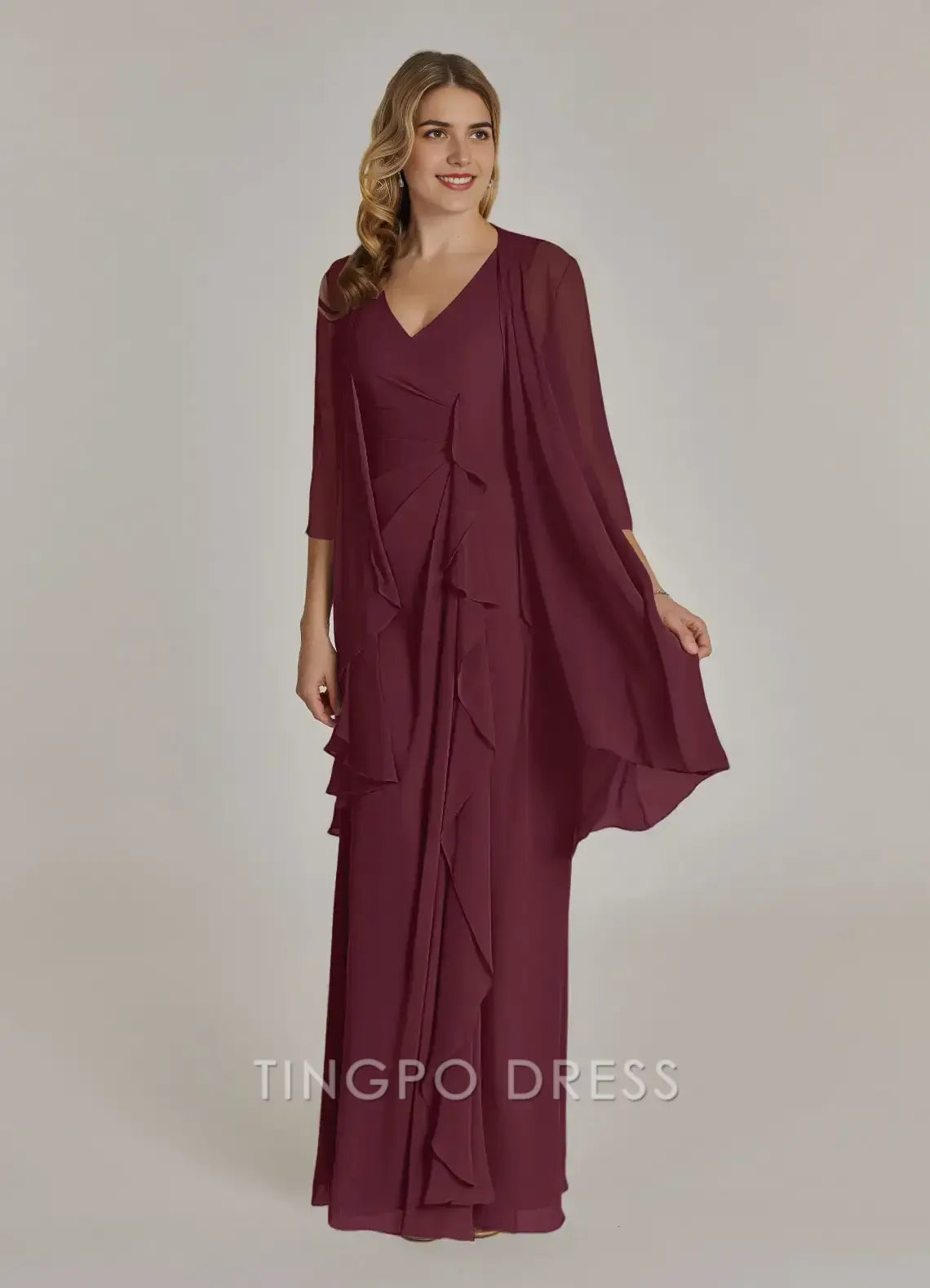 TingPo Wholesale Elegant Cabernet A-Line V-Neck Pleated Chiffon Dress