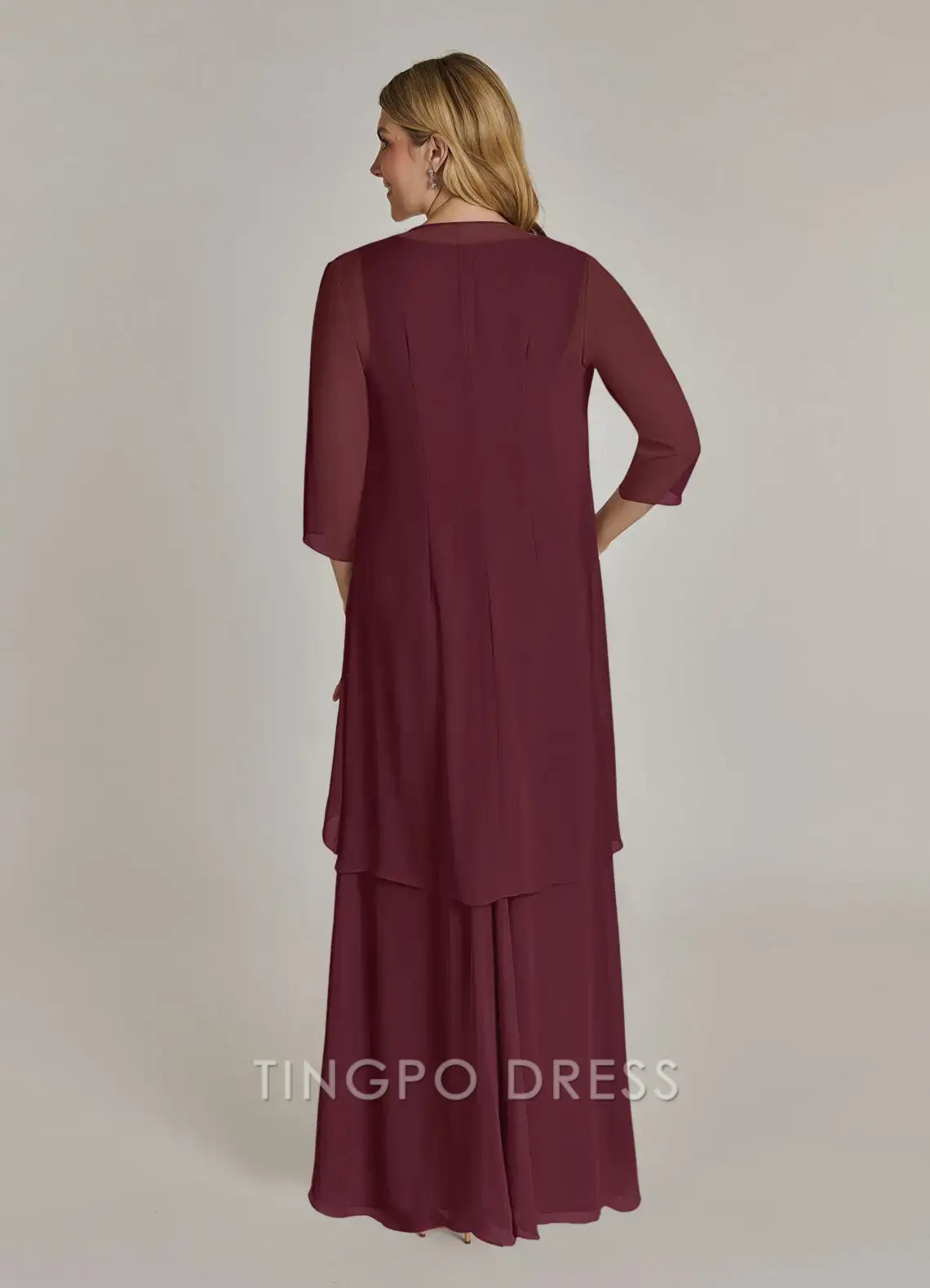 TingPo Wholesale Elegant Cabernet A-Line V-Neck Pleated Chiffon Dress