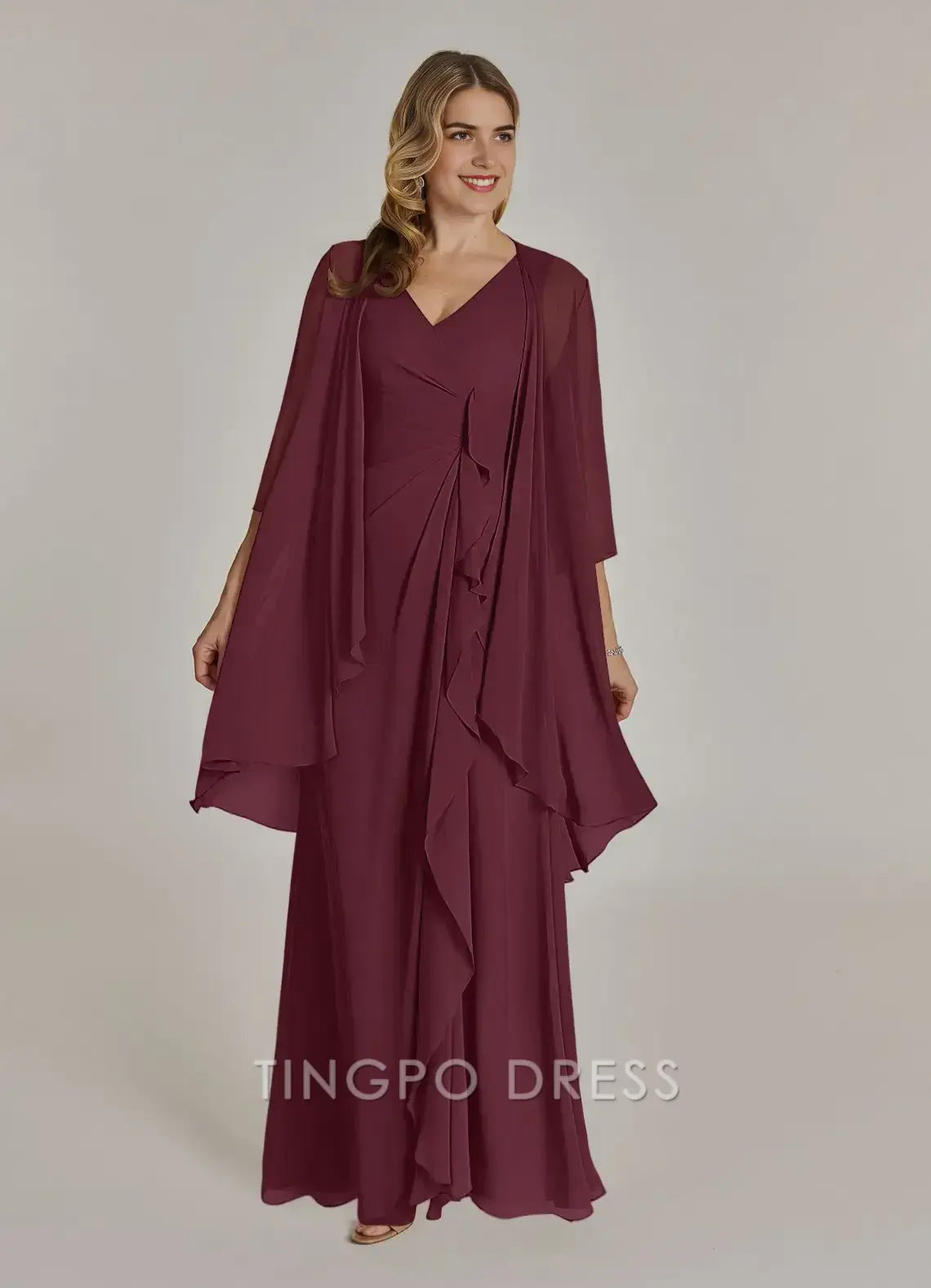 TingPo Wholesale Elegant Cabernet A-Line V-Neck Pleated Chiffon Dress