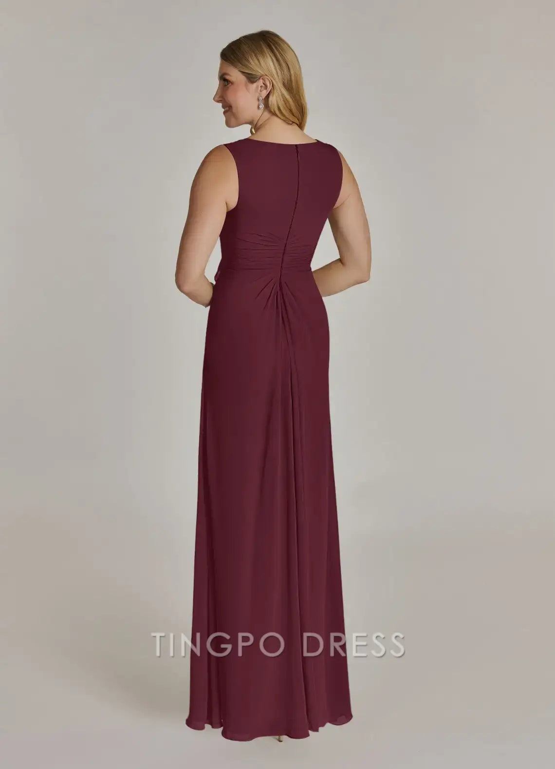 TingPo Wholesale Elegant Cabernet A-Line V-Neck Pleated Chiffon Dress