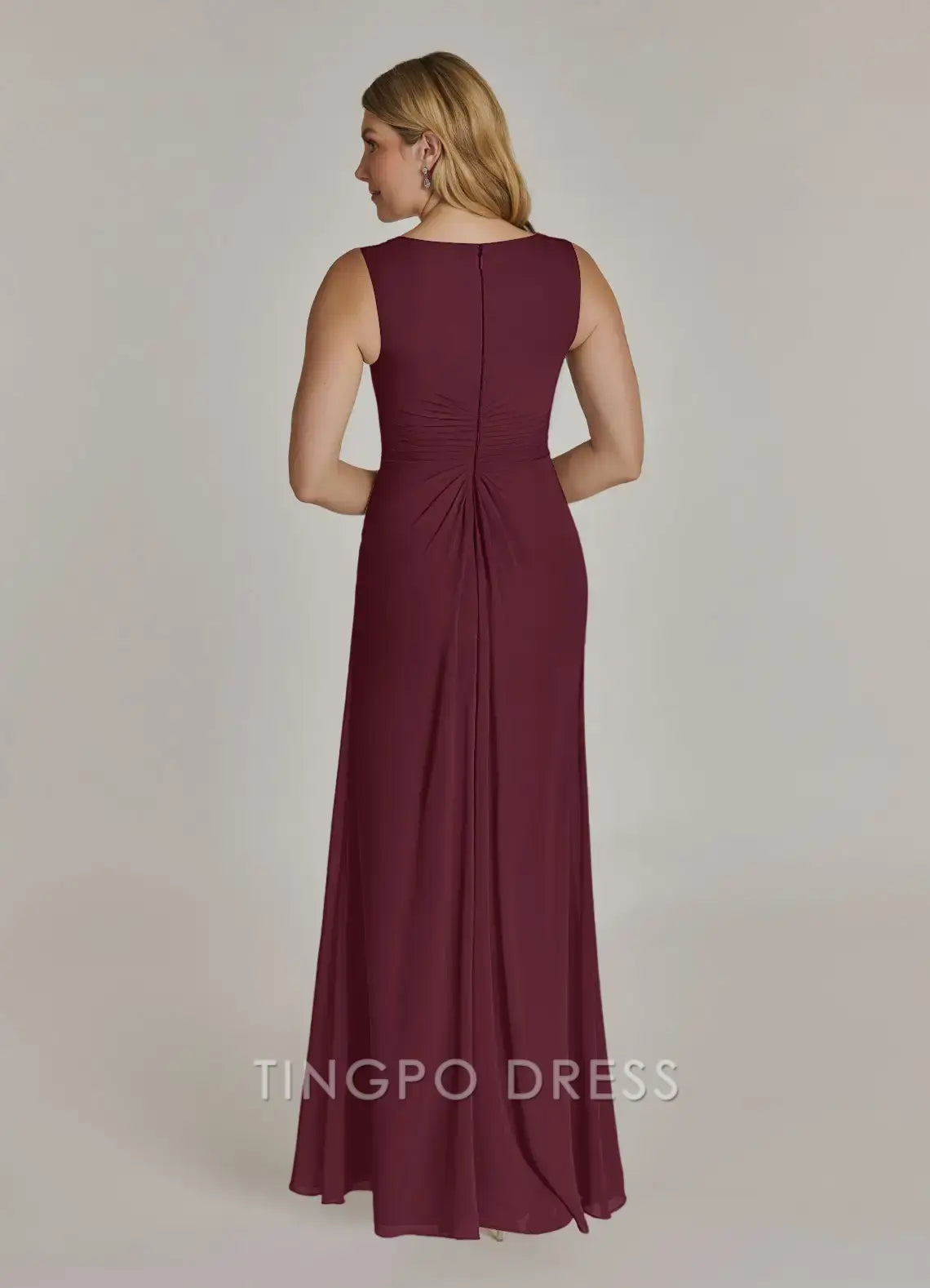 TingPo Wholesale Elegant Cabernet A-Line V-Neck Pleated Chiffon Dress
