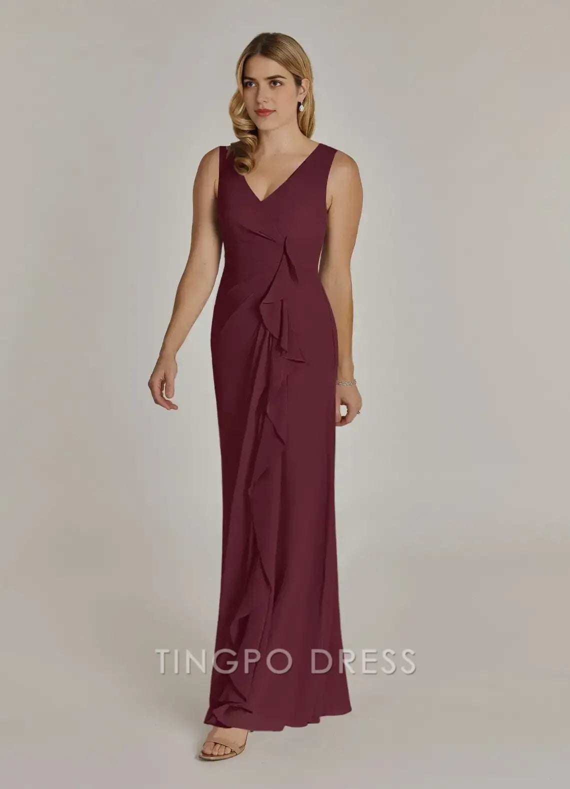 TingPo Wholesale Elegant Cabernet A-Line V-Neck Pleated Chiffon Dress