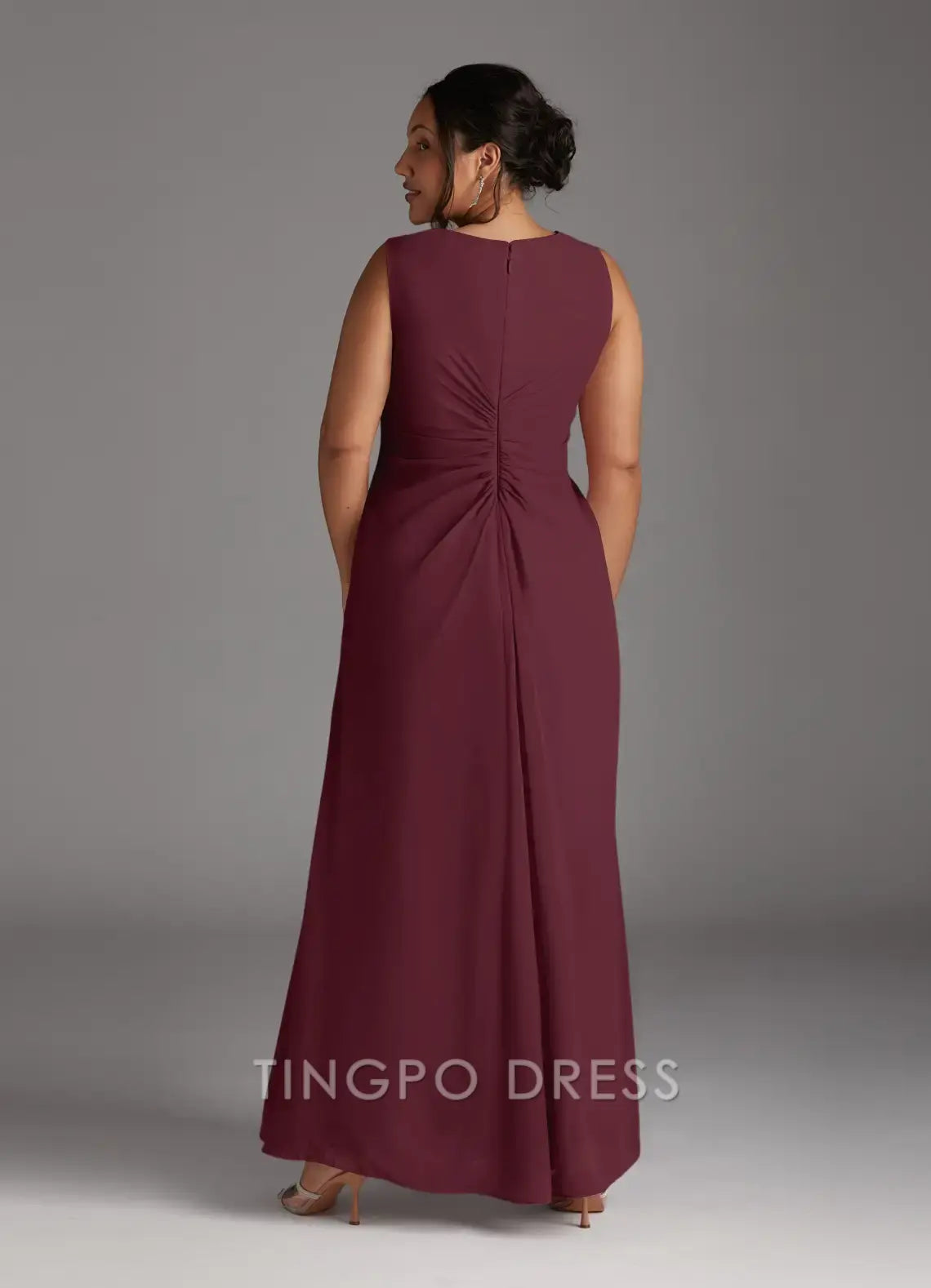 TingPo Wholesale Elegant Cabernet A-Line V-Neck Pleated Chiffon Dress