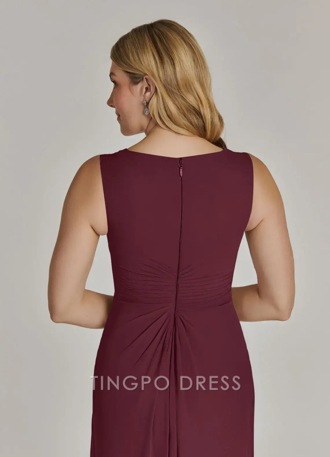 TingPo Wholesale Elegant Cabernet A-Line V-Neck Pleated Chiffon Dress