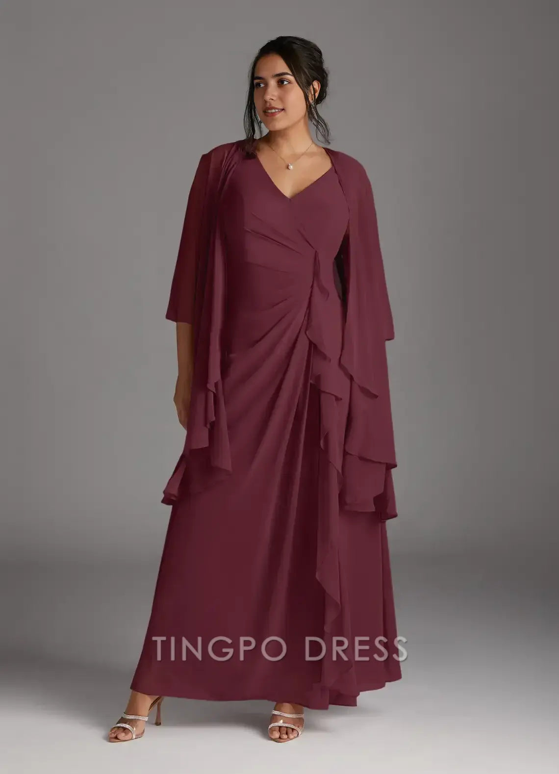 TingPo Wholesale Elegant Cabernet A-Line V-Neck Pleated Chiffon Dress