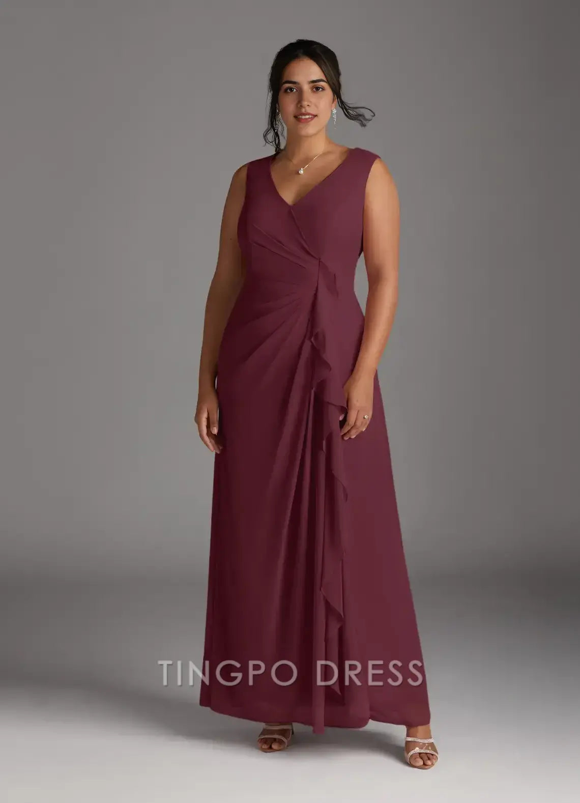 TingPo Wholesale Elegant Cabernet A-Line V-Neck Pleated Chiffon Dress