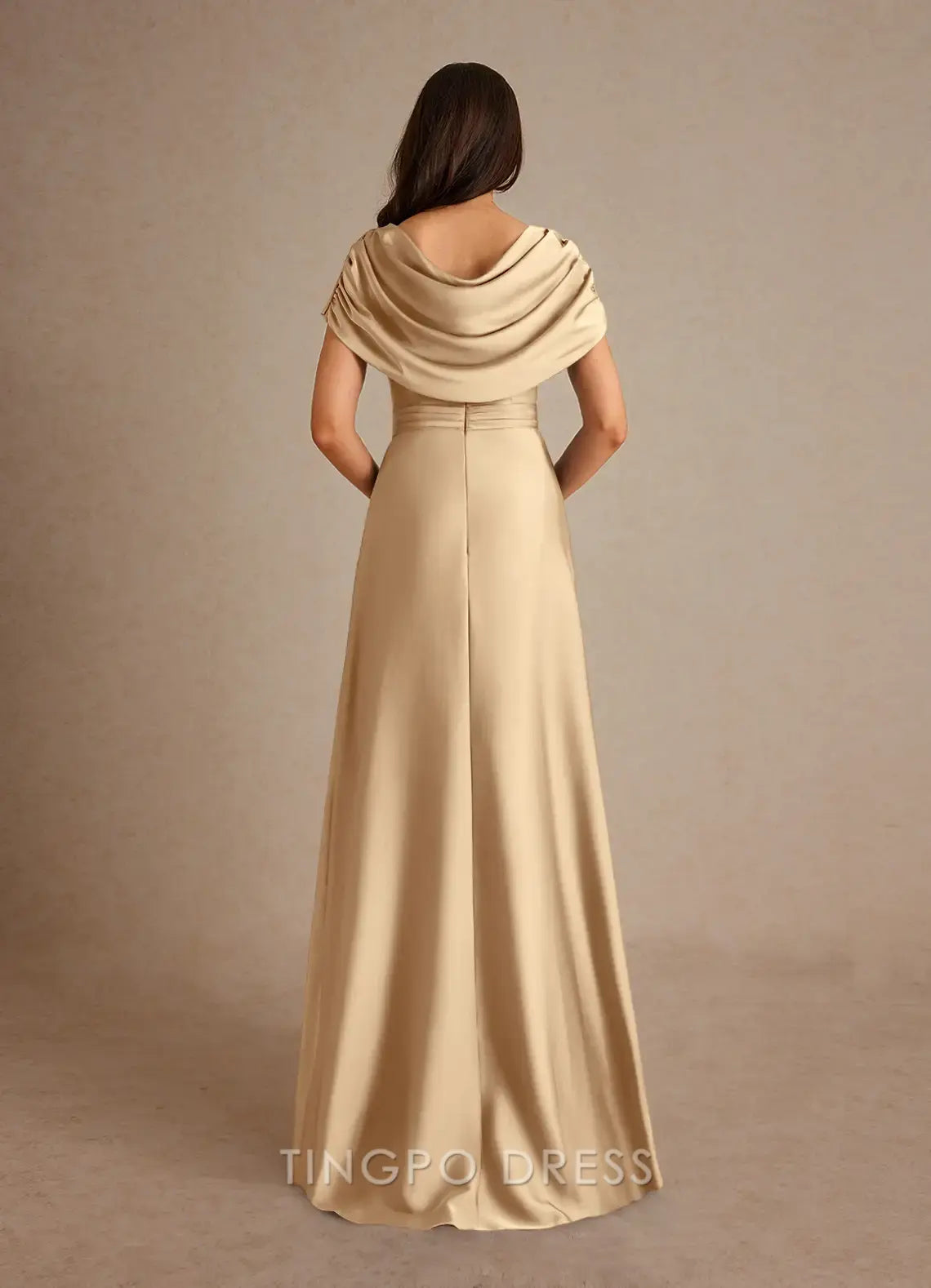 TingPo Wholesale Elegant Champagne A-Line Pleated Stretch Satin Dress