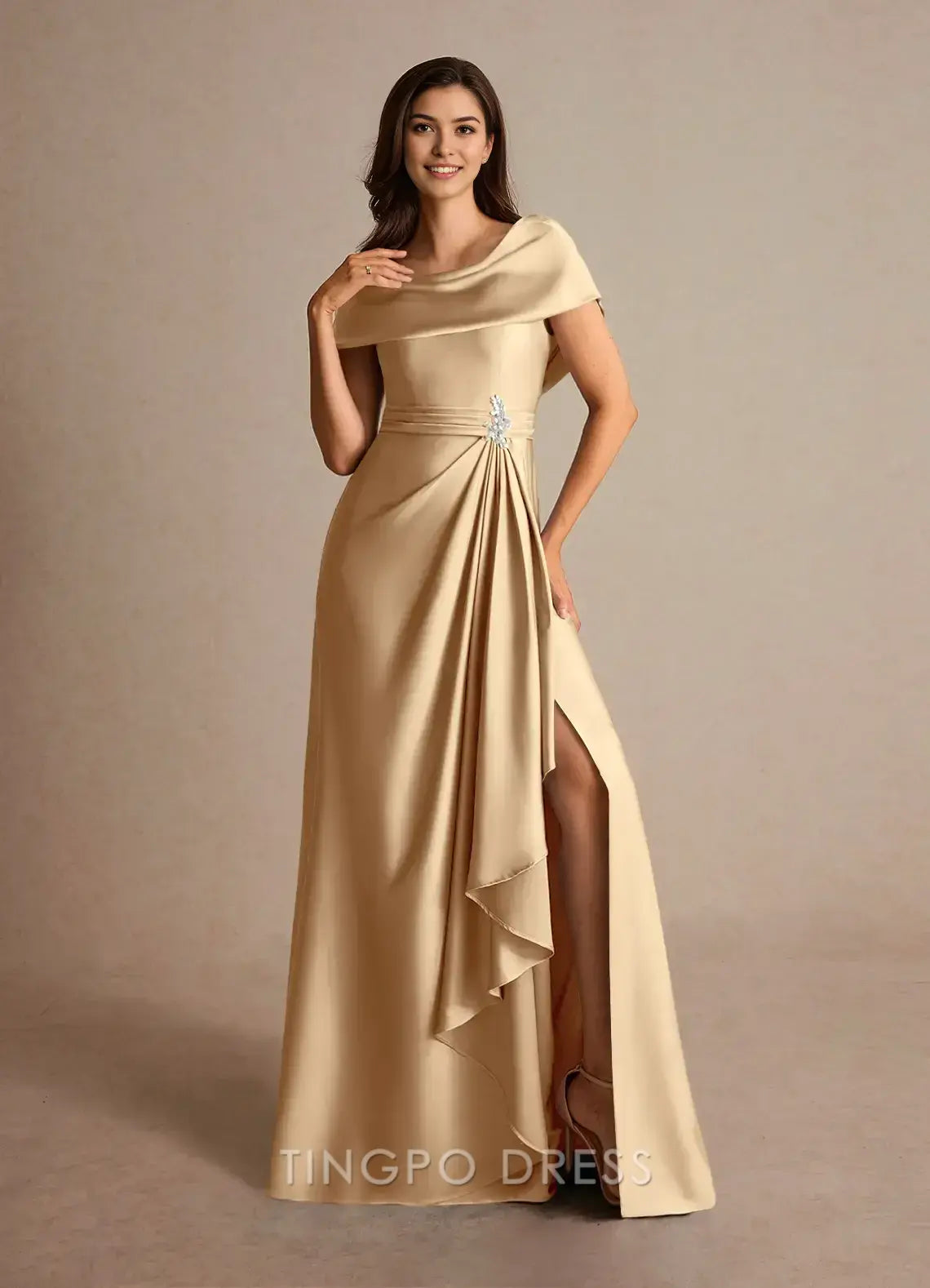 TingPo Wholesale Elegant Champagne A-Line Pleated Stretch Satin Dress