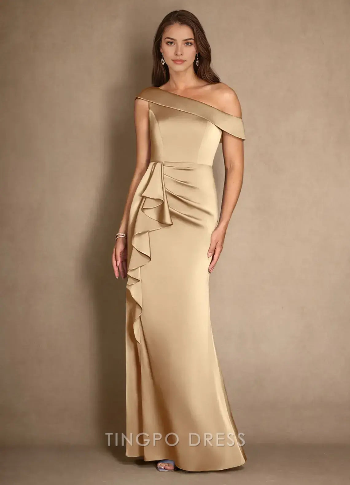 TingPo Wholesale Elegant Champagne A-Line Pleated Stretch Satin Dress