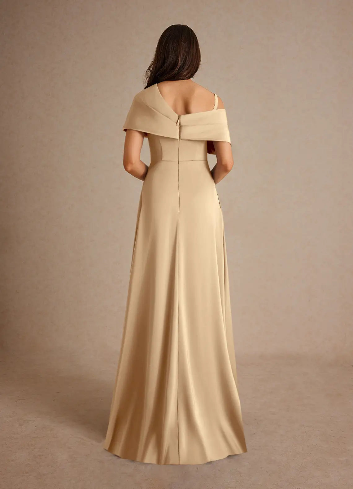 TingPo Wholesale Elegant Champagne A-Line Pleated Stretch Satin Dress