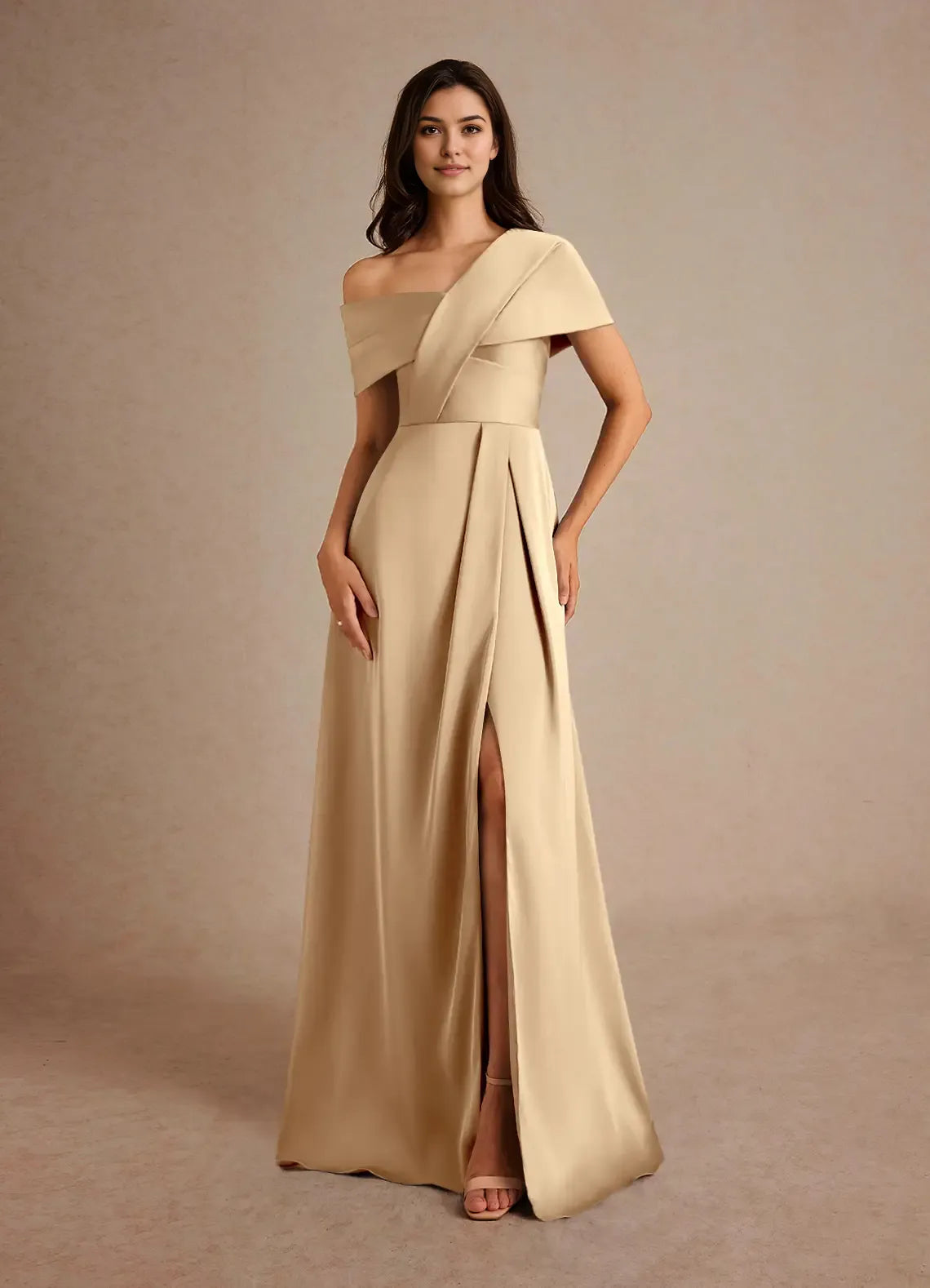TingPo Wholesale Elegant Champagne A-Line Pleated Stretch Satin Dress