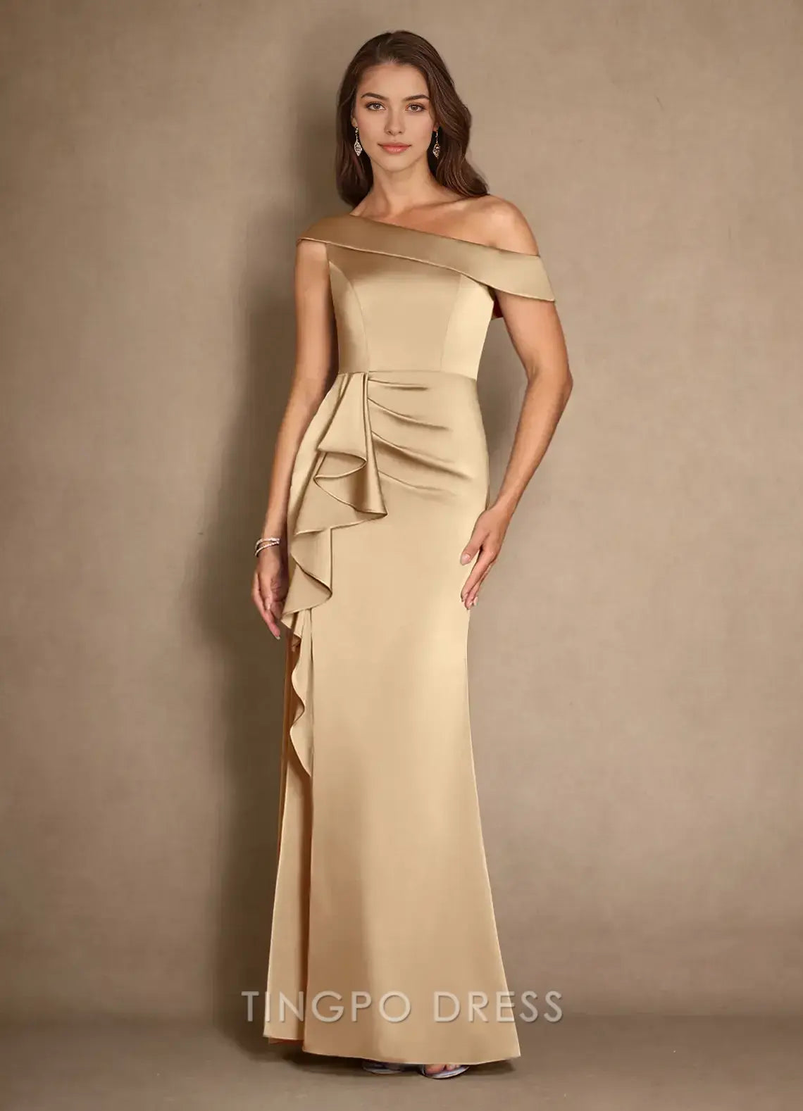 TingPo Wholesale Elegant Champagne A-Line Pleated Stretch Satin Dress