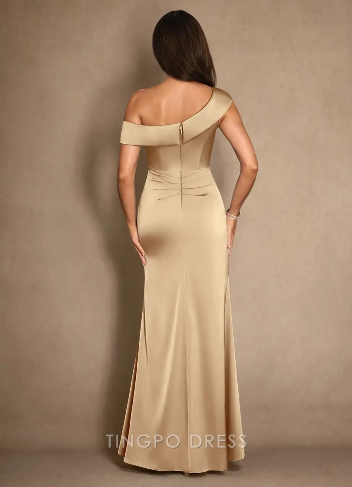 TingPo Wholesale Elegant Champagne A-Line Pleated Stretch Satin Dress