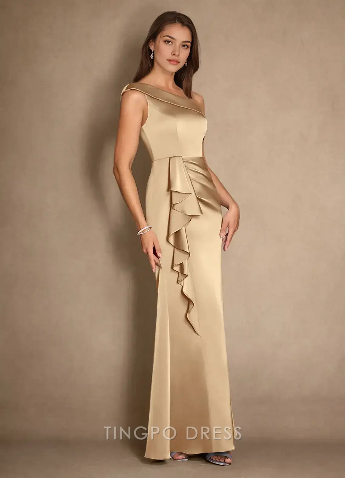 TingPo Wholesale Elegant Champagne A-Line Pleated Stretch Satin Dress