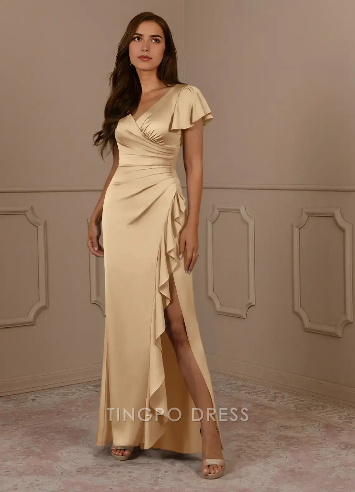 TingPo Wholesale Elegant Champagne Mermaid V-Neck Pleated Stretch Satin Dress