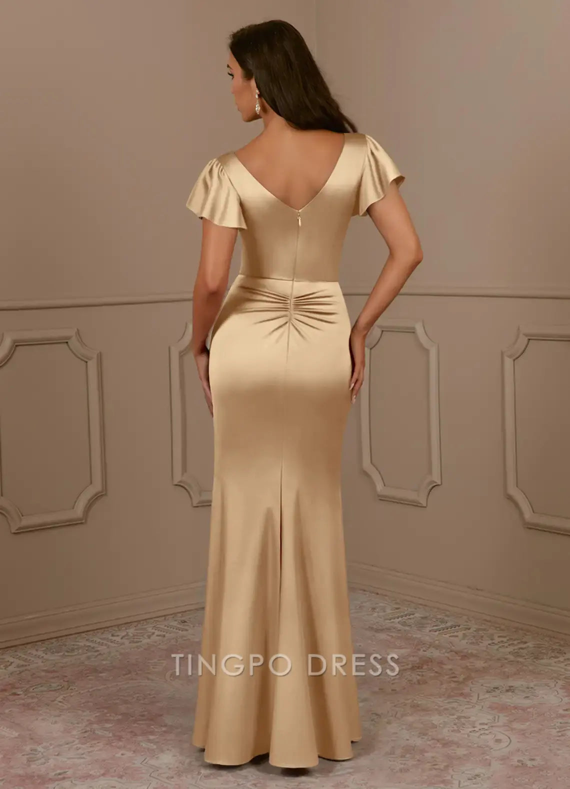 TingPo Wholesale Elegant Champagne Mermaid V-Neck Pleated Stretch Satin Dress