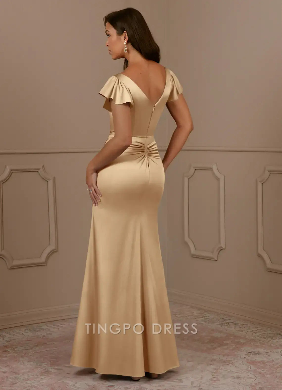 TingPo Wholesale Elegant Champagne Mermaid V-Neck Pleated Stretch Satin Dress