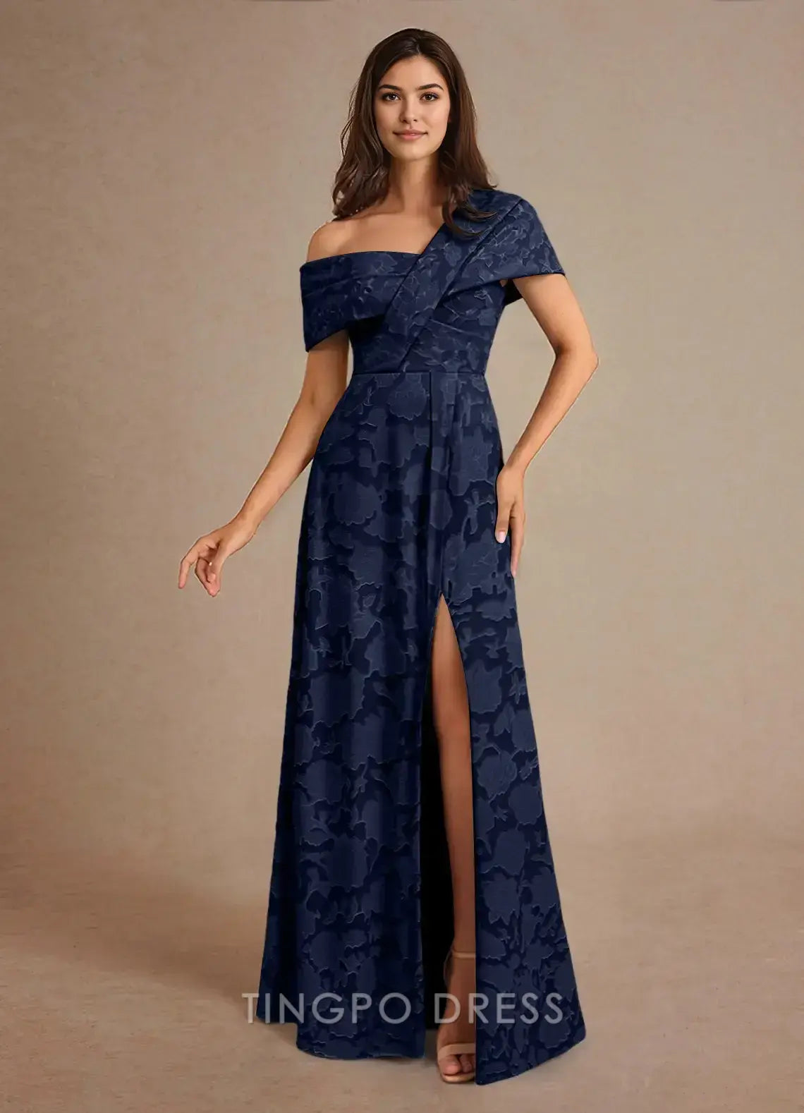 TingPo Wholesale Elegant Dark Navy A-Line Pleated Floral Burnout Dress