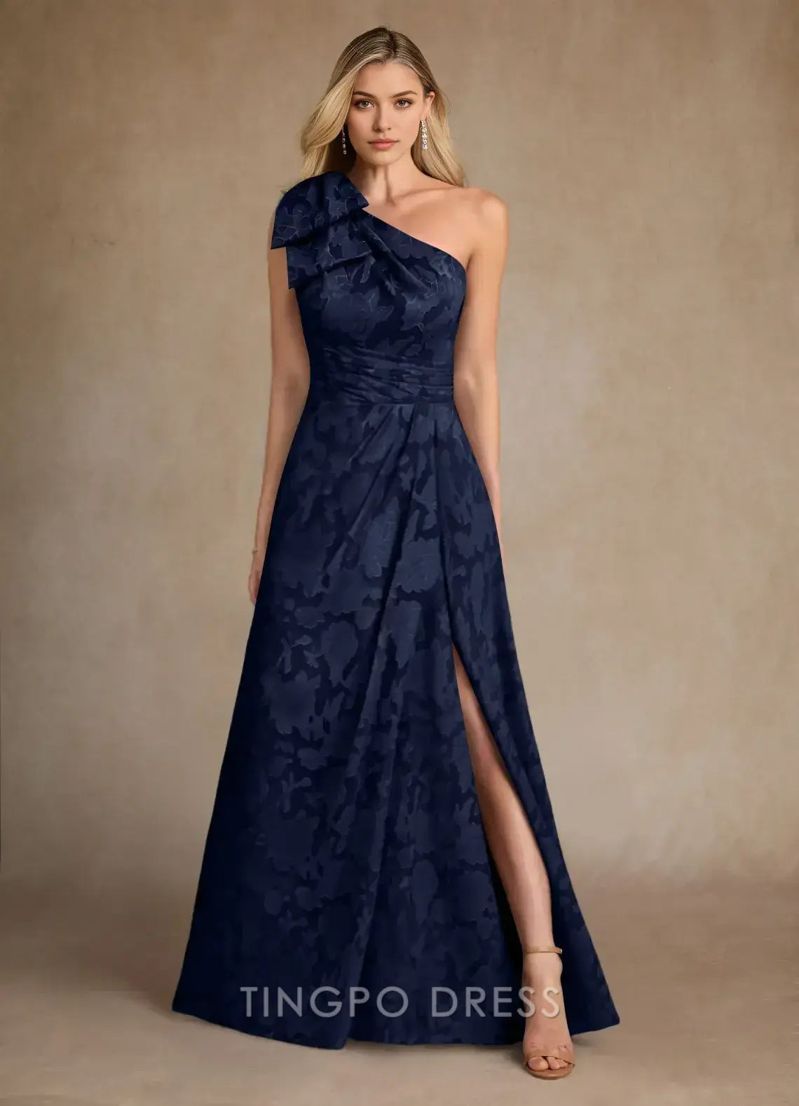TingPo Wholesale Elegant Dark Navy Ball-Gown One Shoulder Floral Burnout Dress