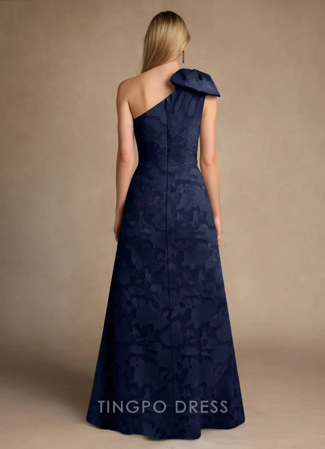 TingPo Wholesale Elegant Dark Navy Ball-Gown One Shoulder Floral Burnout Dress