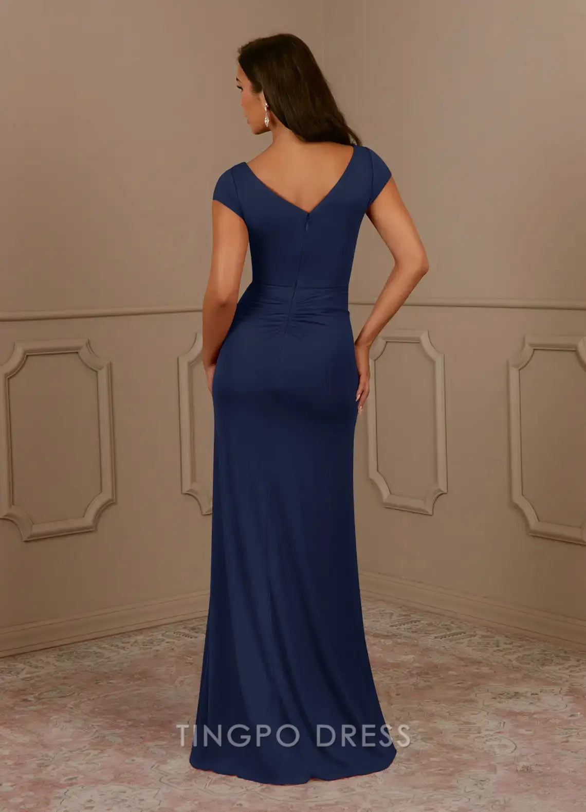 TingPo Wholesale Elegant Dark Navy Mermaid V-Neck Pleated Mesh Dress