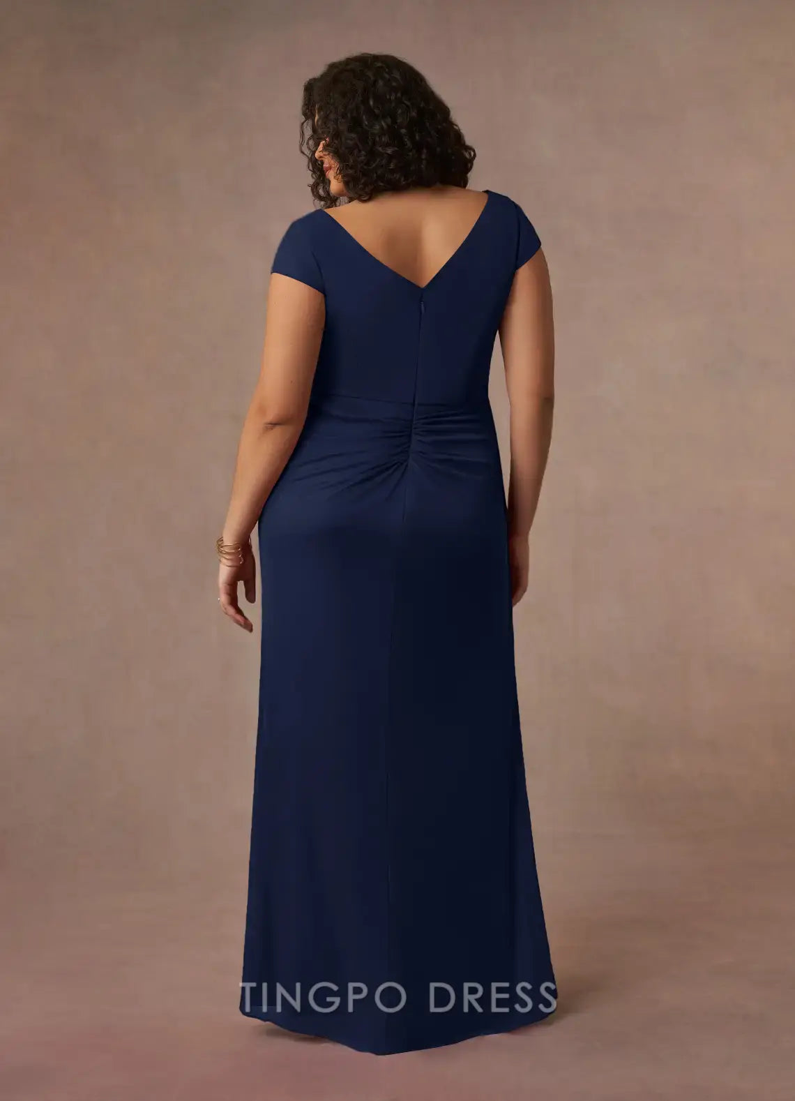 TingPo Wholesale Elegant Dark Navy Mermaid V-Neck Pleated Mesh Dress