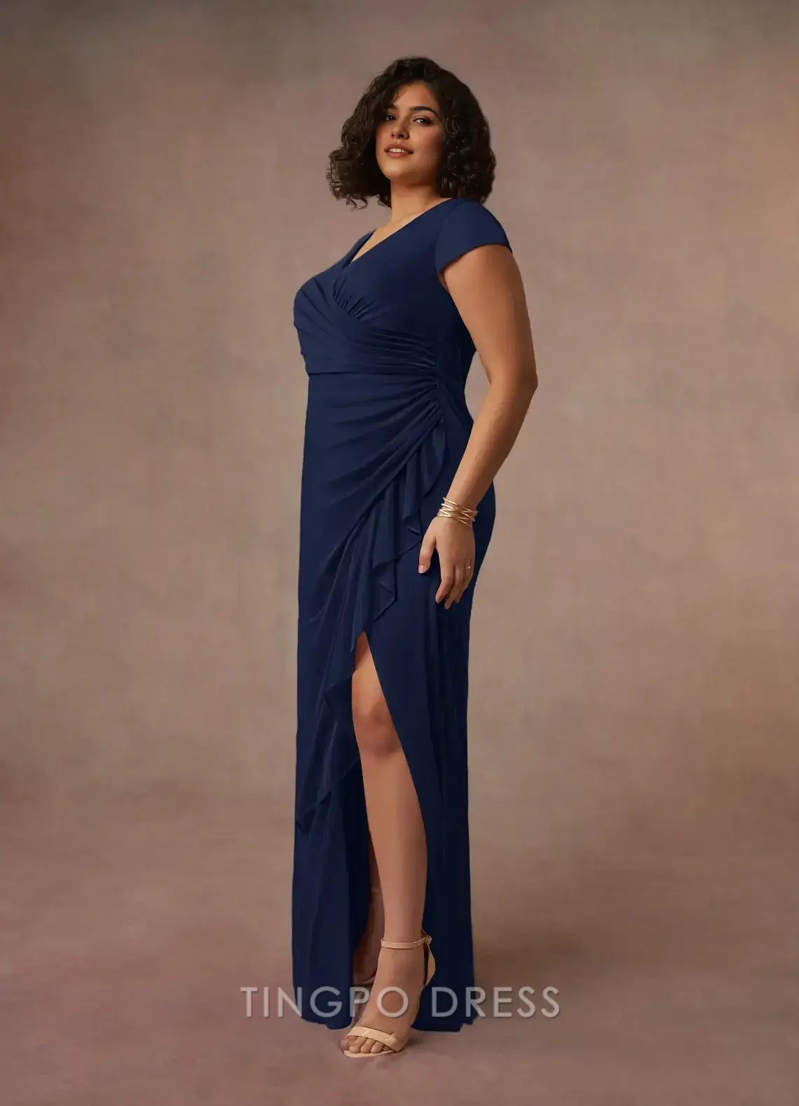 TingPo Wholesale Elegant Dark Navy Mermaid V-Neck Pleated Mesh Dress