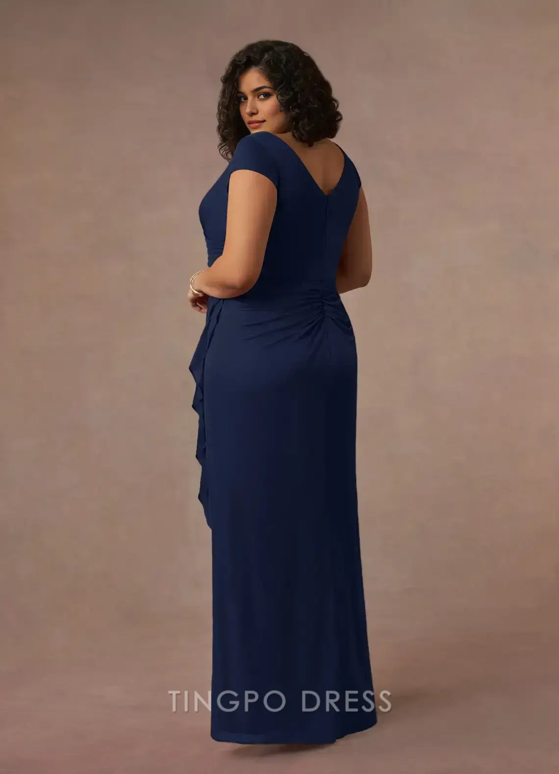 TingPo Wholesale Elegant Dark Navy Mermaid V-Neck Pleated Mesh Dress