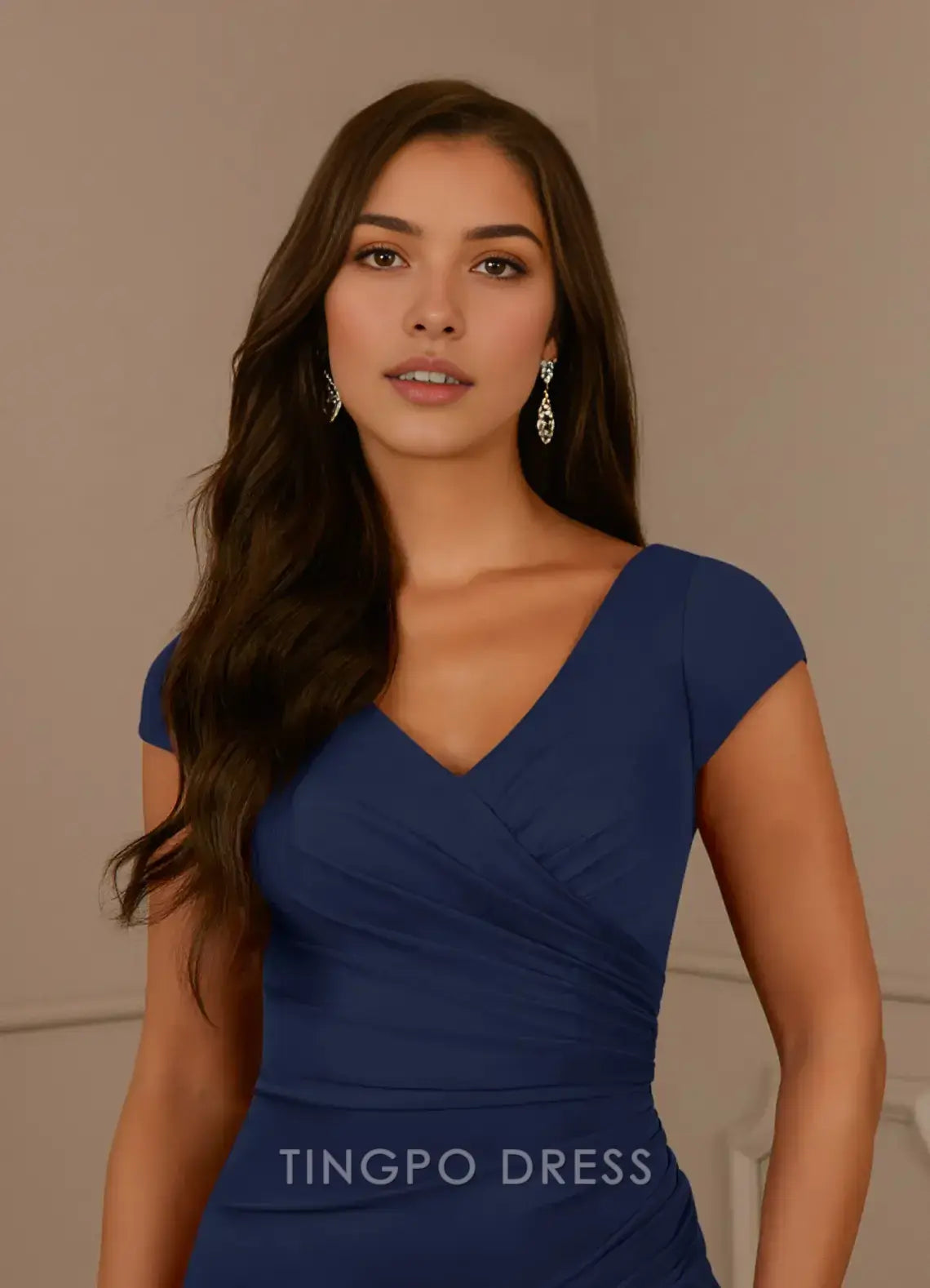 TingPo Wholesale Elegant Dark Navy Mermaid V-Neck Pleated Mesh Dress