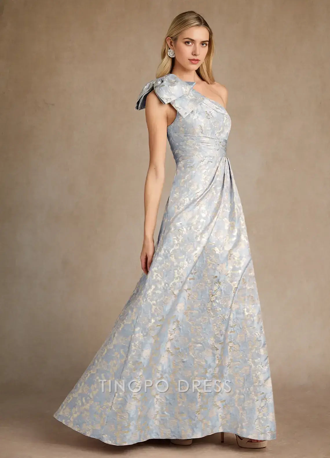 TingPo Wholesale Elegant Dusty Blue A-Line One Shoulder Jacquard Dress