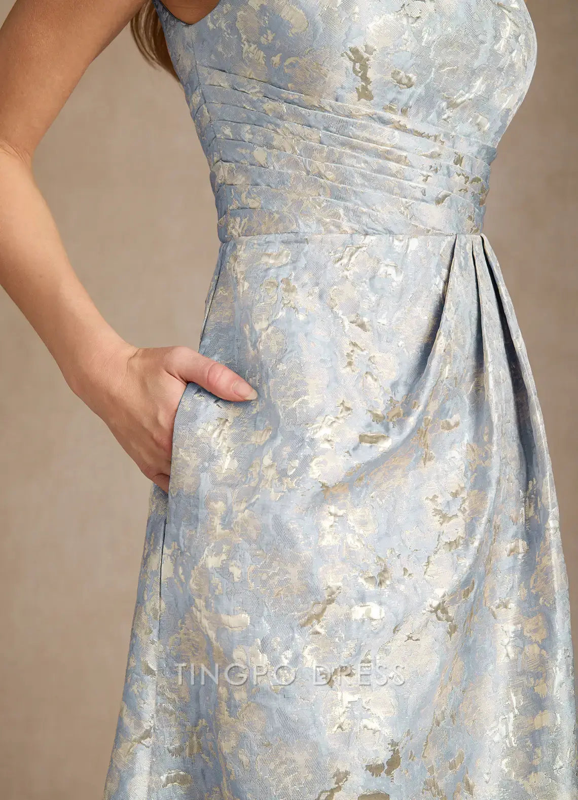 TingPo Wholesale Elegant Dusty Blue A-Line One Shoulder Jacquard Dress