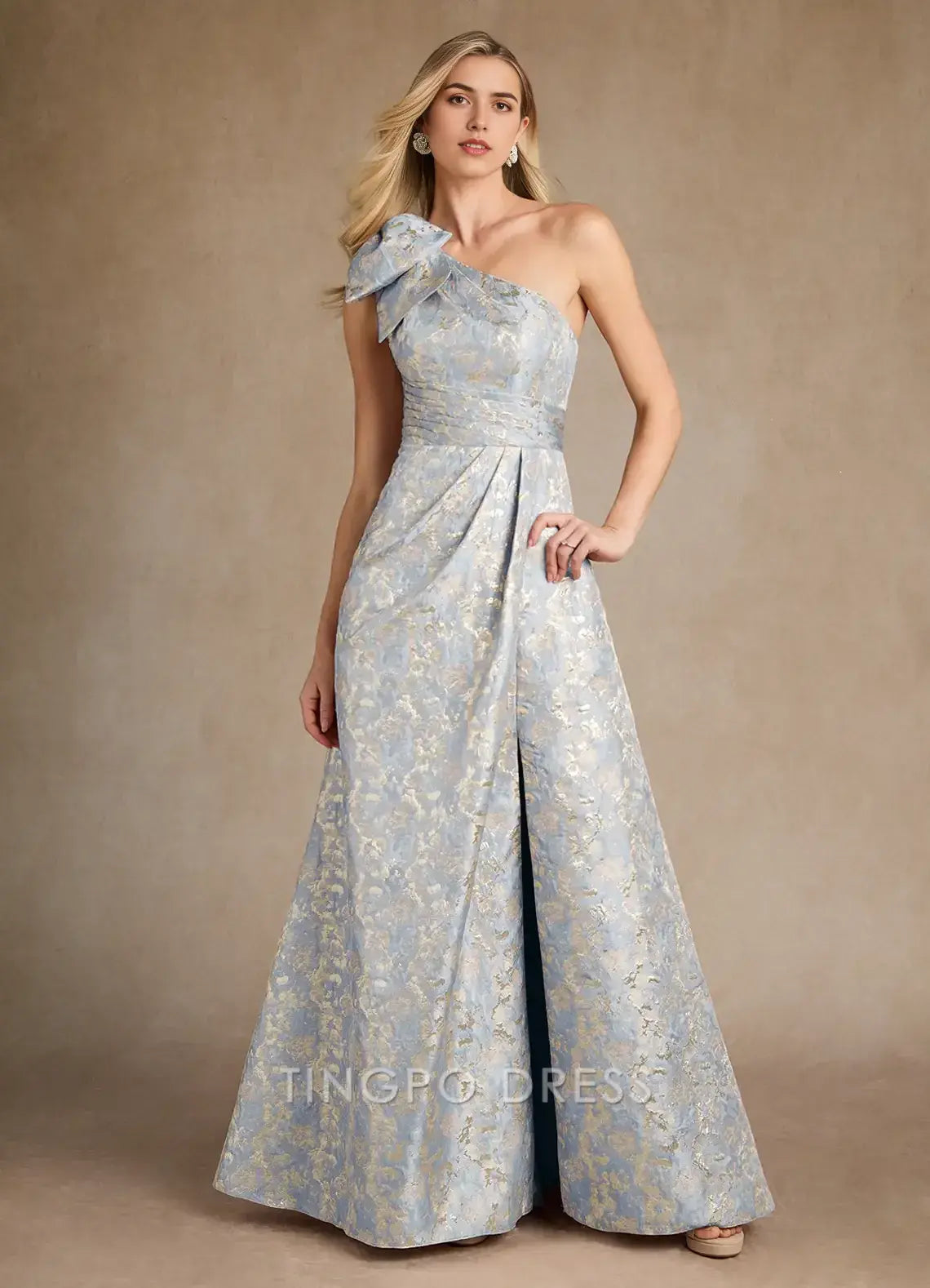 TingPo Wholesale Elegant Dusty Blue A-Line One Shoulder Jacquard Dress