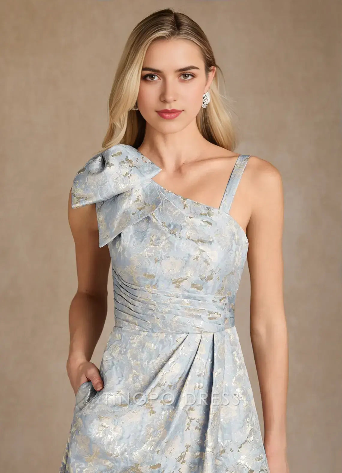 TingPo Wholesale Elegant Dusty Blue A-Line One Shoulder Jacquard Dress