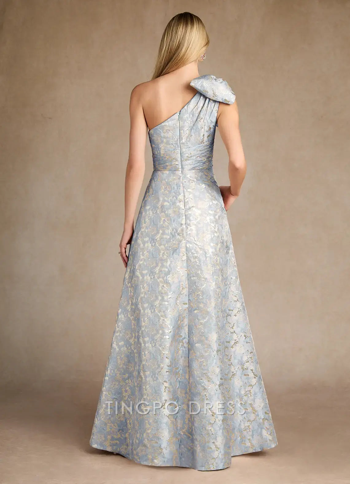 TingPo Wholesale Elegant Dusty Blue A-Line One Shoulder Jacquard Dress