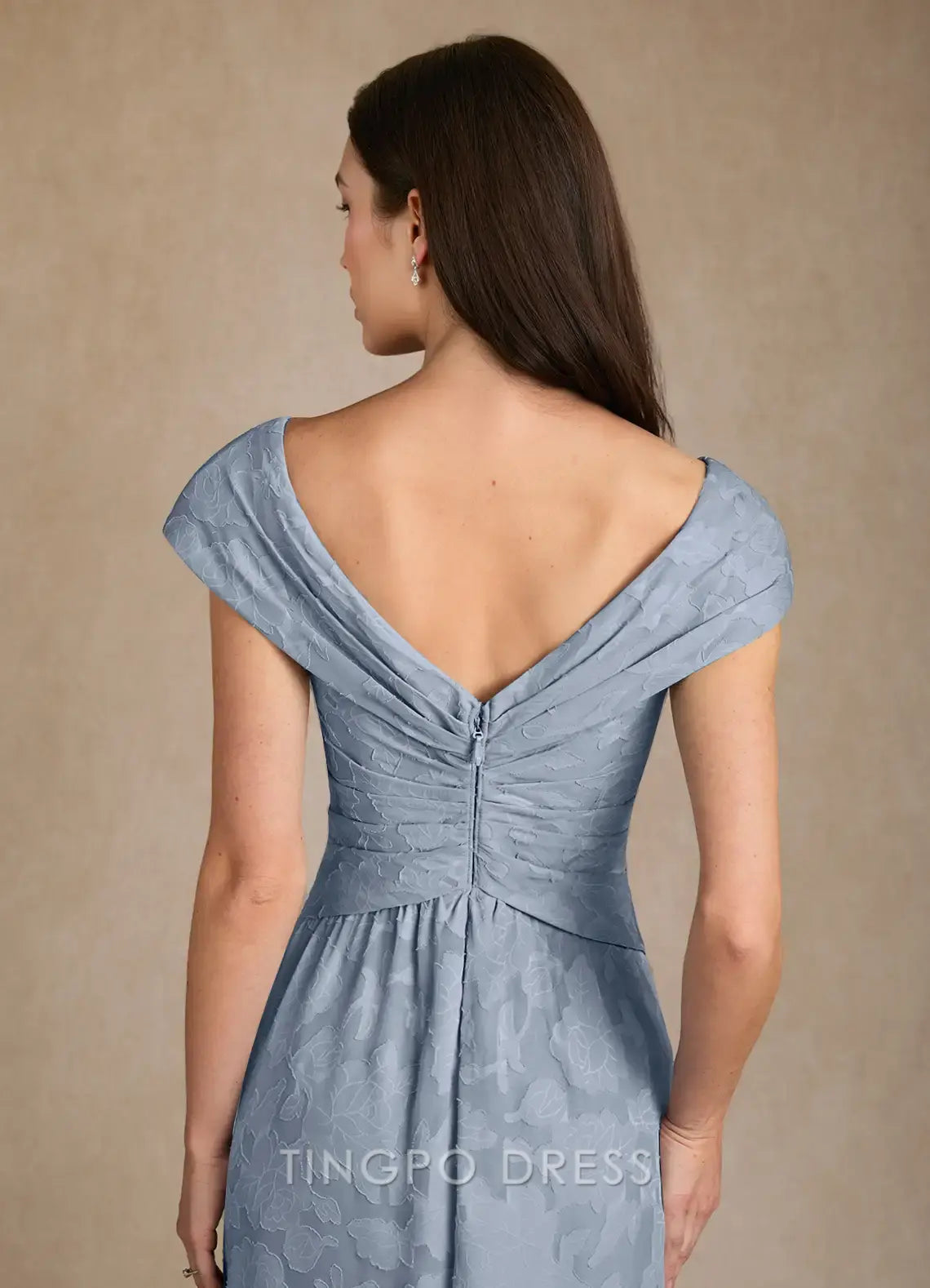 TingPo Wholesale Elegant Dusty Blue A-Line Pleated Floral Burnout Dress