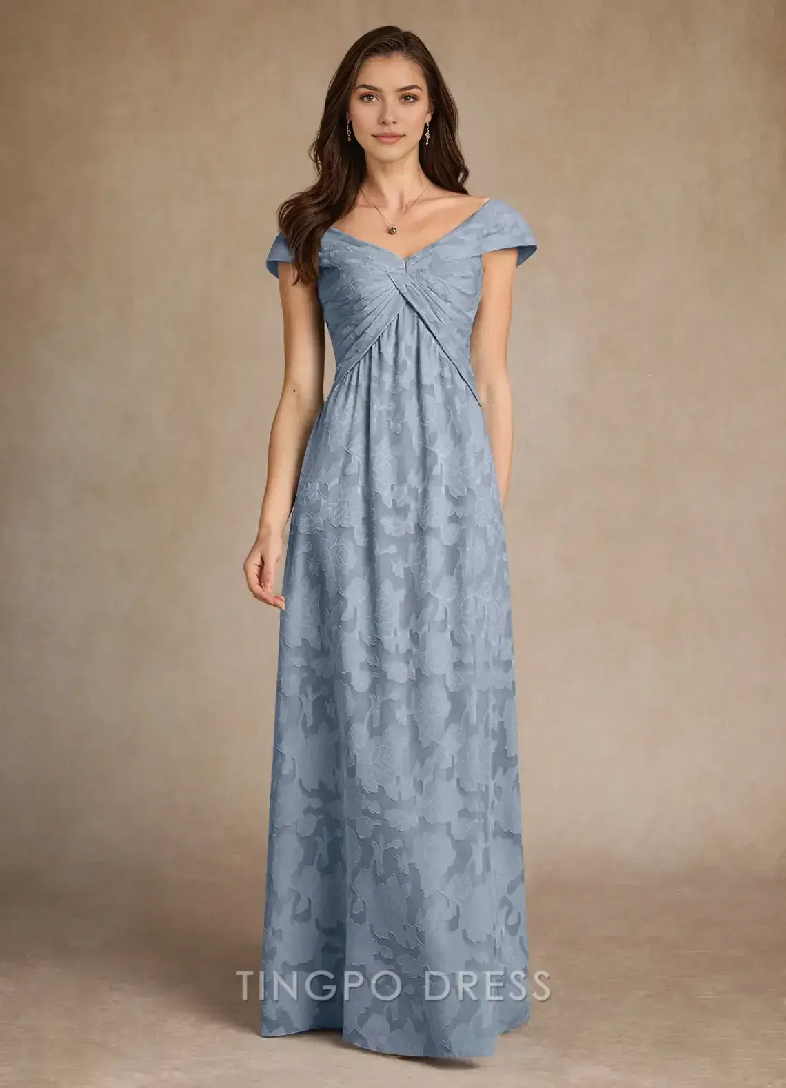 TingPo Wholesale Elegant Dusty Blue A-Line Pleated Floral Burnout Dress
