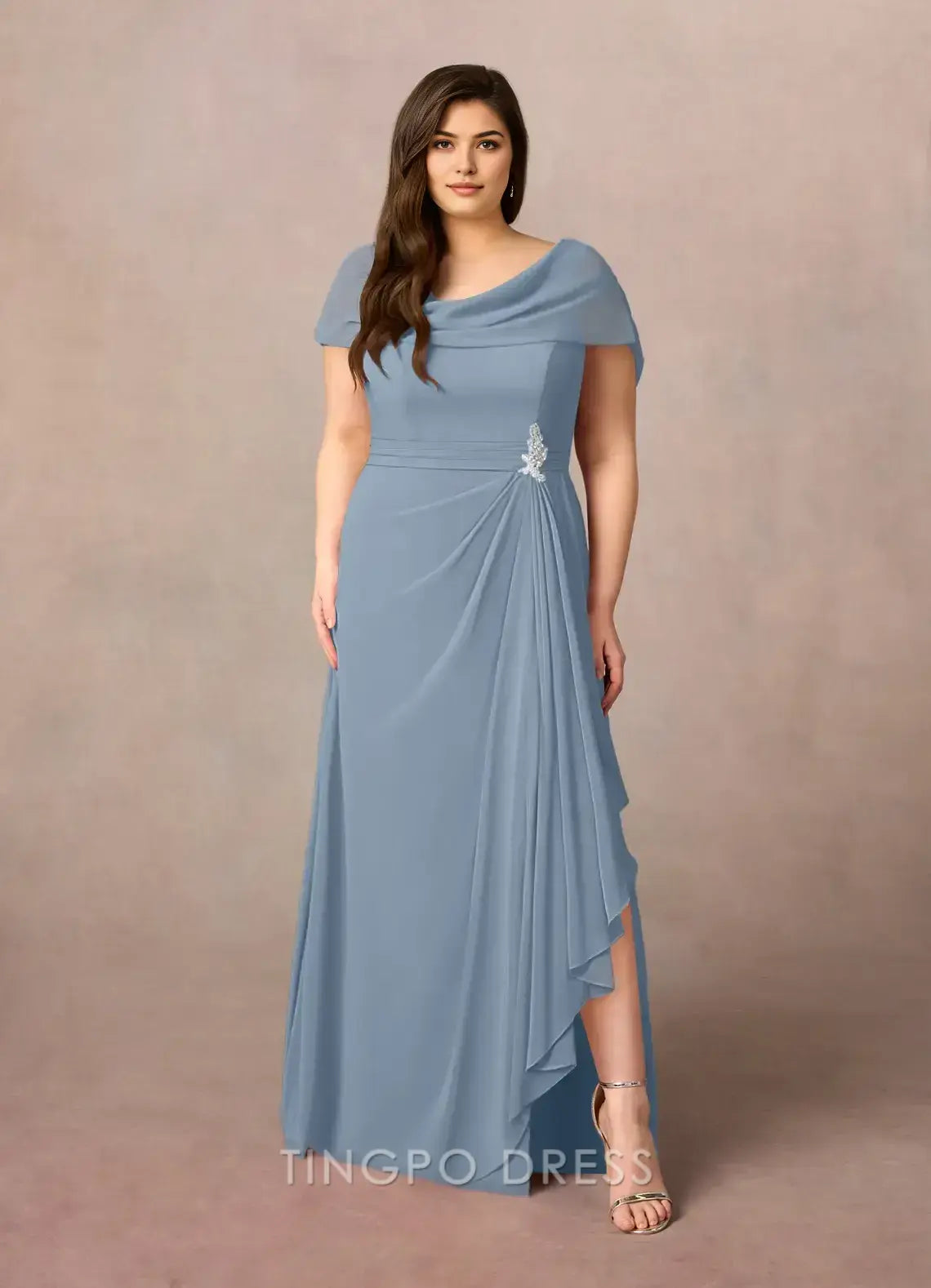 TingPo Wholesale Elegant Dusty Blue A-Line Side Slit Chiffon Dress