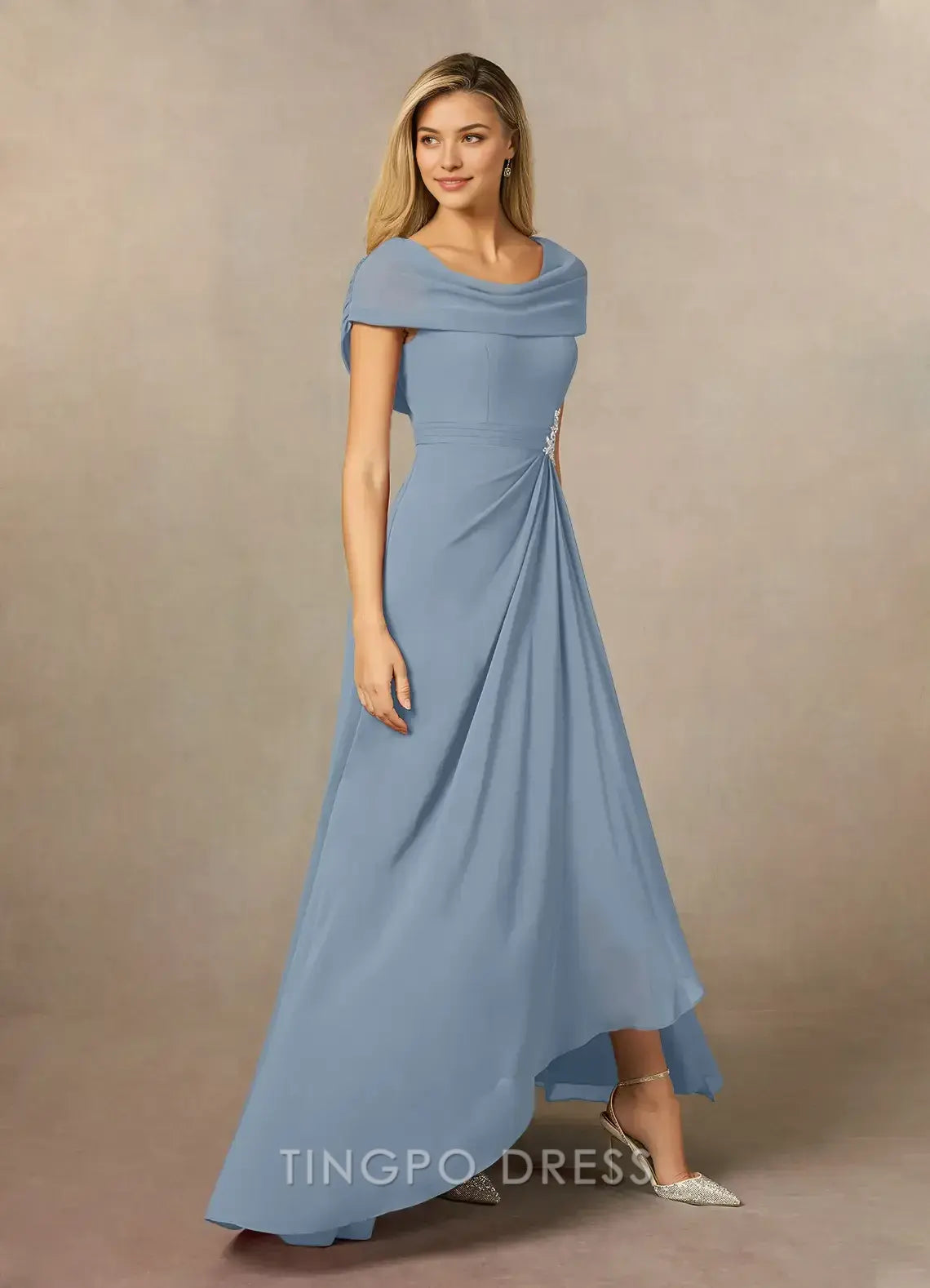 TingPo Wholesale Elegant Dusty Blue A-Line Side Slit Chiffon Dress