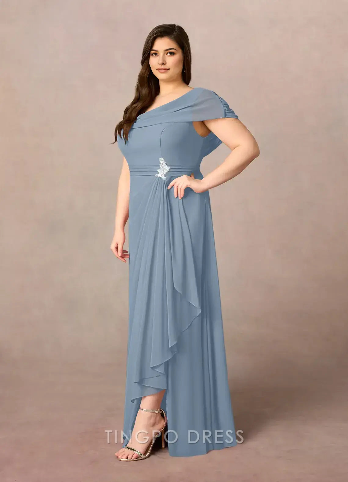TingPo Wholesale Elegant Dusty Blue A-Line Side Slit Chiffon Dress