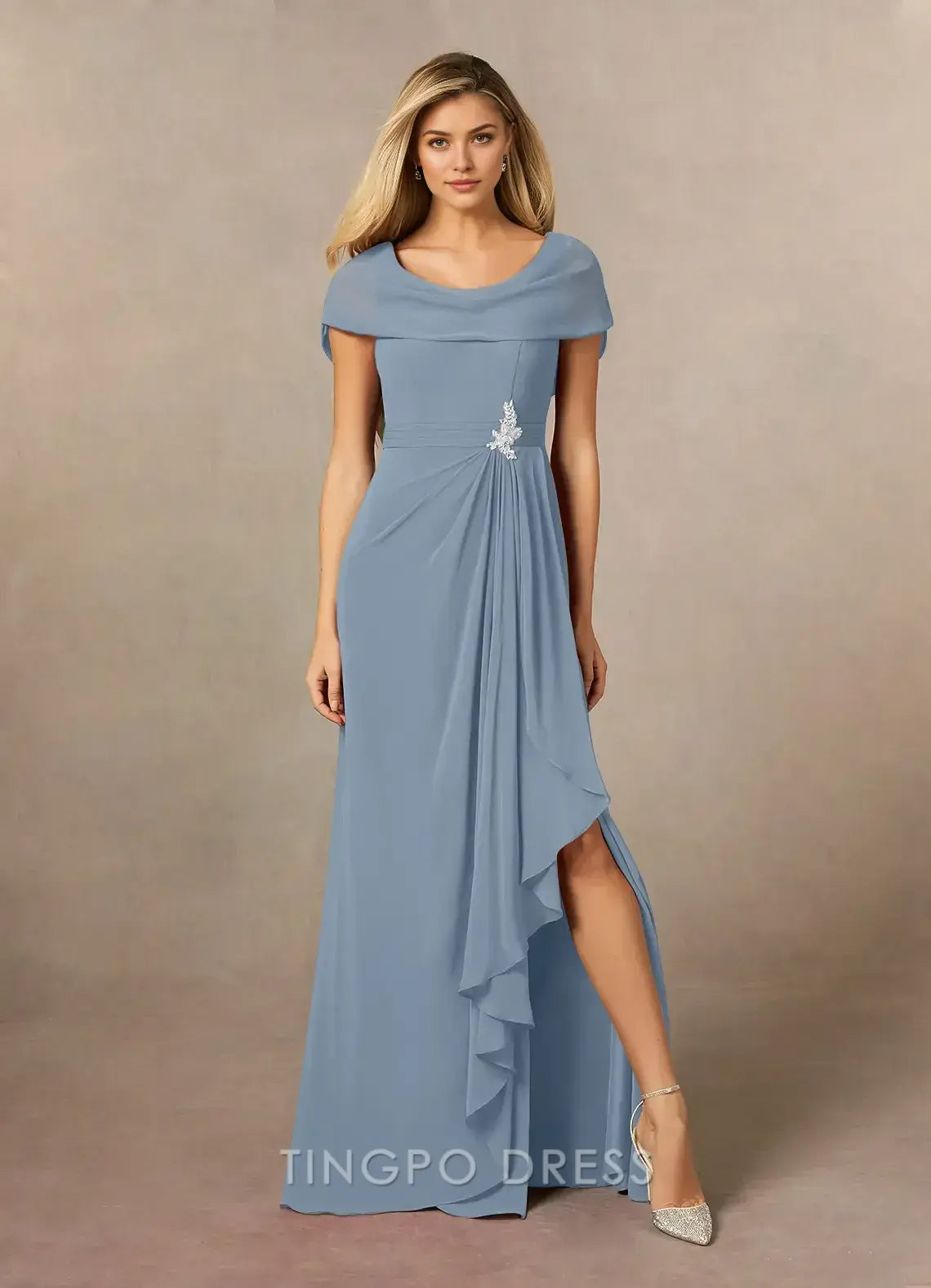 TingPo Wholesale Elegant Dusty Blue A-Line Side Slit Chiffon Dress