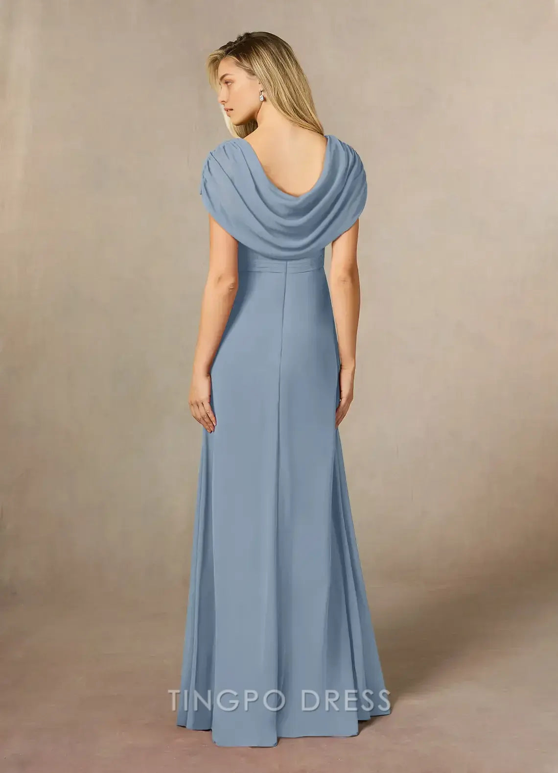 TingPo Wholesale Elegant Dusty Blue A-Line Side Slit Chiffon Dress