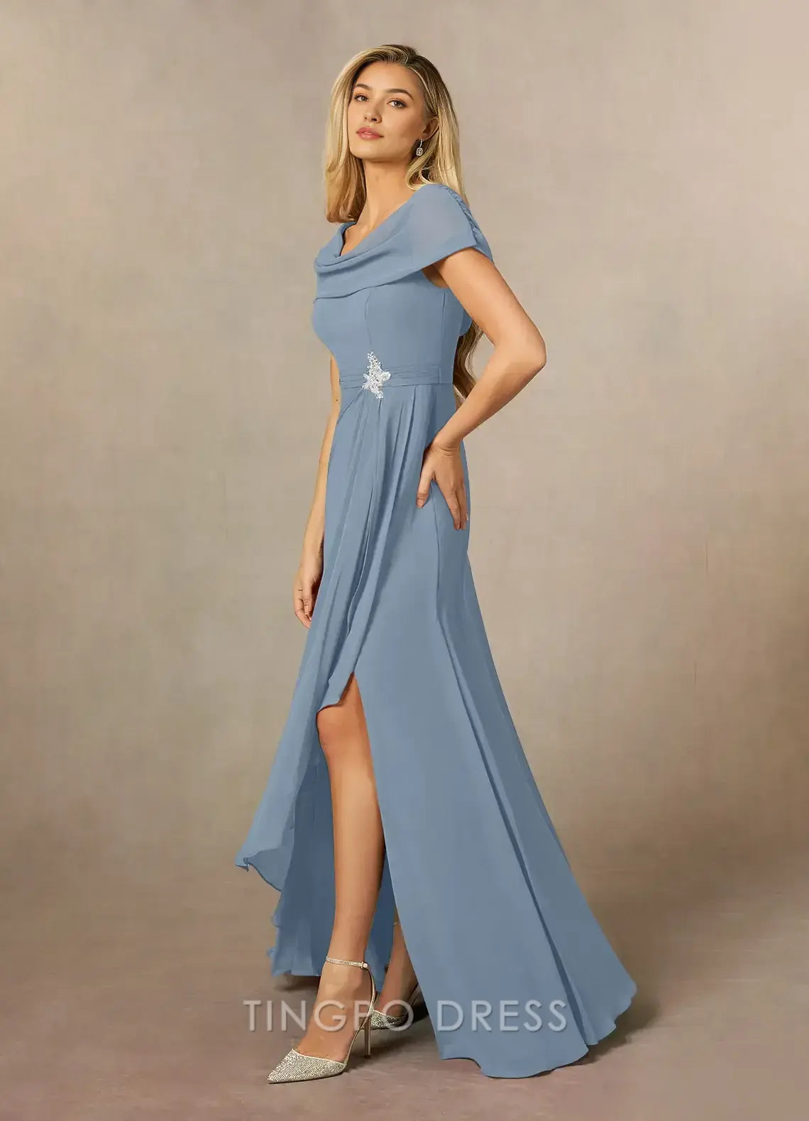 TingPo Wholesale Elegant Dusty Blue A-Line Side Slit Chiffon Dress