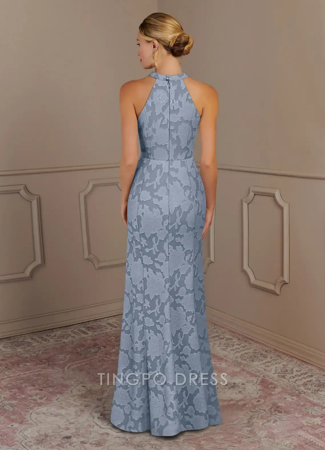 TingPo Wholesale Elegant Dusty Blue Mermaid Floral Burnout Dress