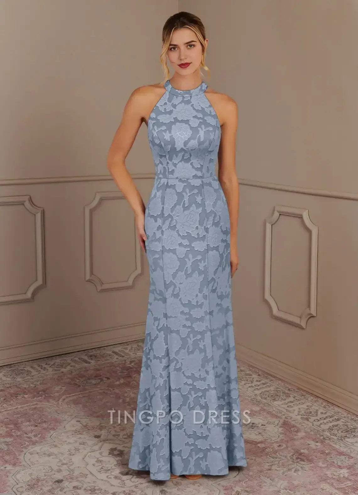 TingPo Wholesale Elegant Dusty Blue Mermaid Floral Burnout Dress