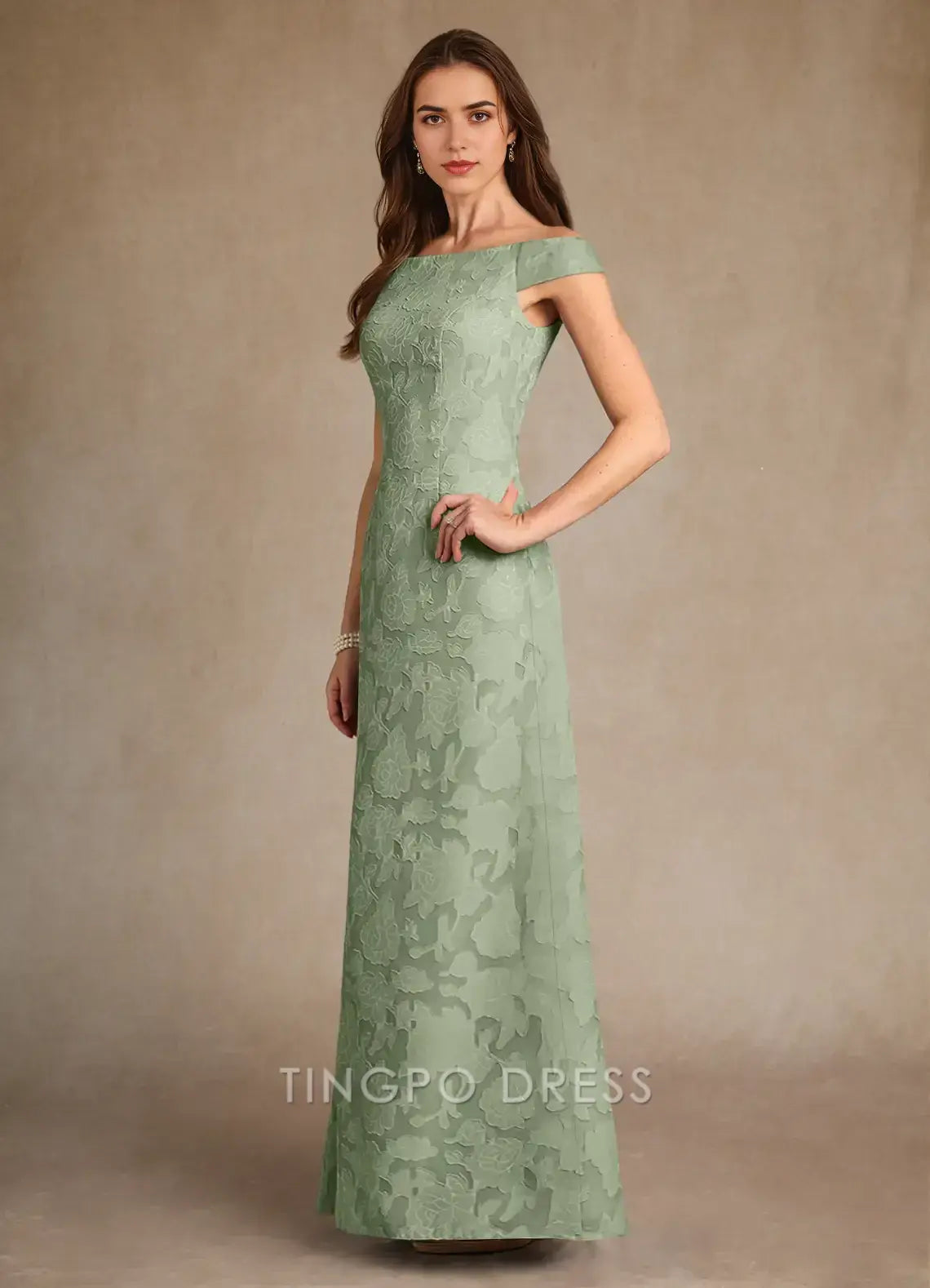 TingPo Wholesale Elegant Dusty Sage A-Line Boatneck Floral Burnout Dress