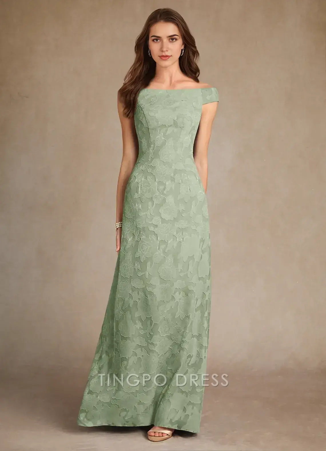 TingPo Wholesale Elegant Dusty Sage A-Line Boatneck Floral Burnout Dress