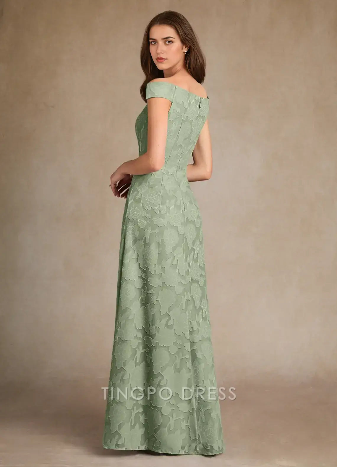 TingPo Wholesale Elegant Dusty Sage A-Line Boatneck Floral Burnout Dress