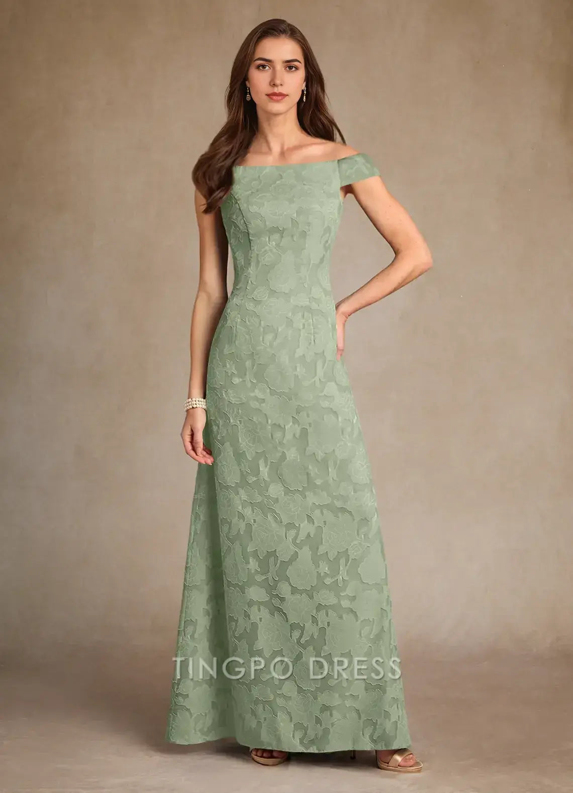 TingPo Wholesale Elegant Dusty Sage A-Line Boatneck Floral Burnout Dress