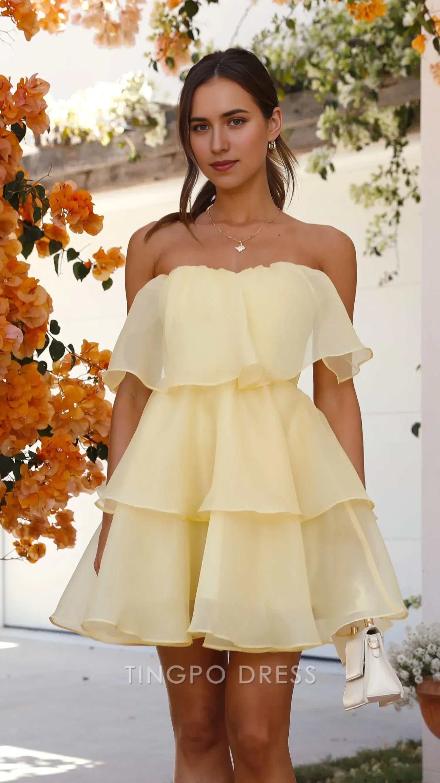TingPo Wholesale Elegant Homecoming Dresses Multi-layer cake skirt Mini Dress Strapless backless formal Yellow hot sale for women