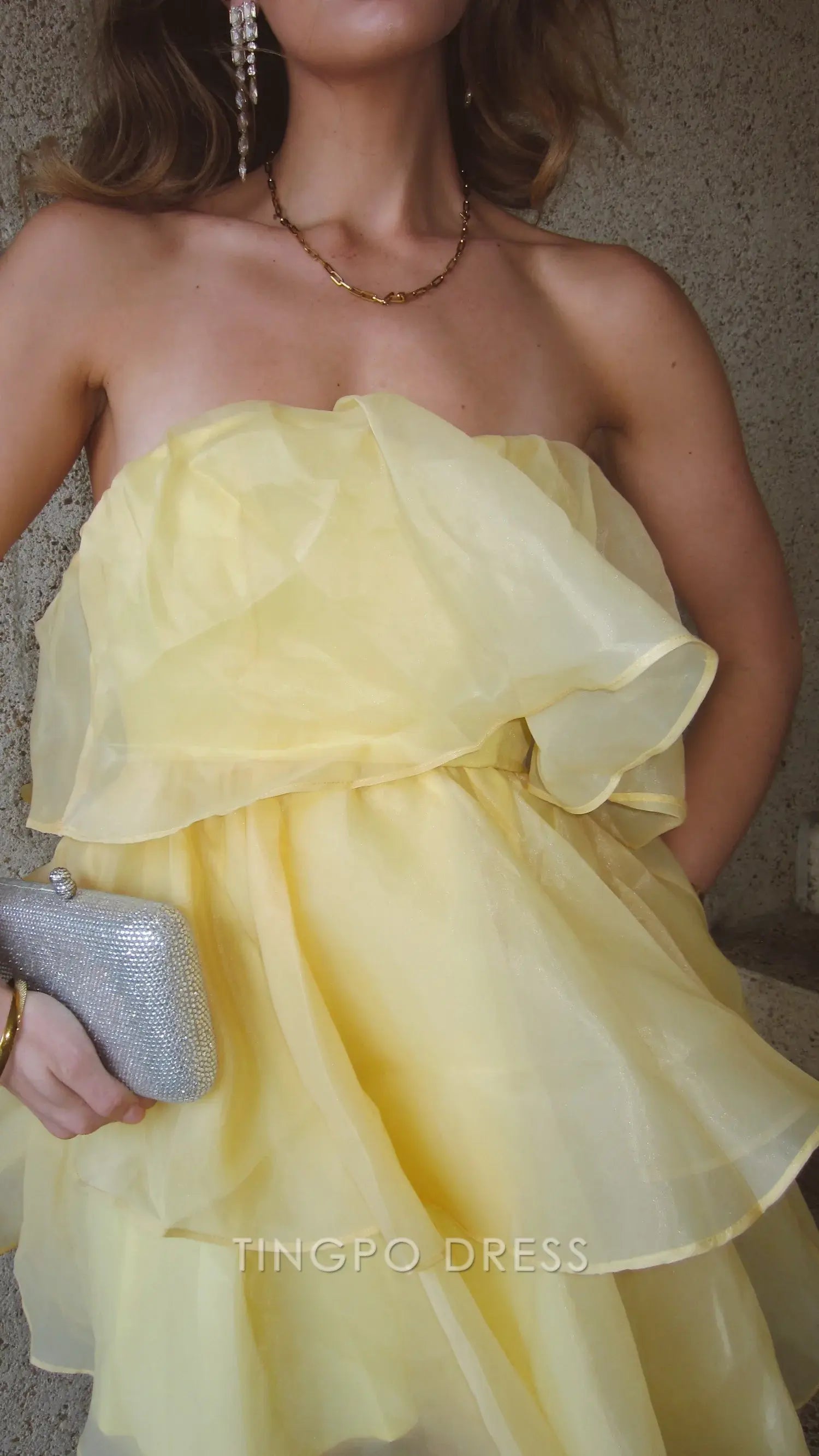 TingPo Wholesale Elegant Homecoming Dresses Multi-layer cake skirt Mini Dress Strapless backless formal Yellow hot sale for women